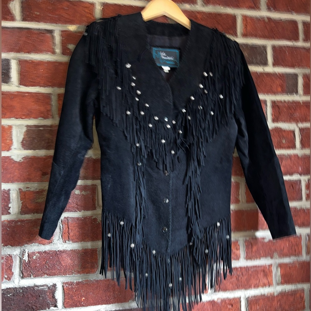 Arturo by Echo Mountain  Black suede,silver beaded,fringe jacket